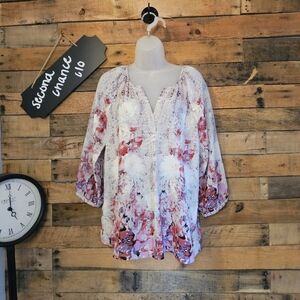 Violet & Claire Womens Watercolor Flowy Blouse Feminine Whimsical Whimsy Sz L